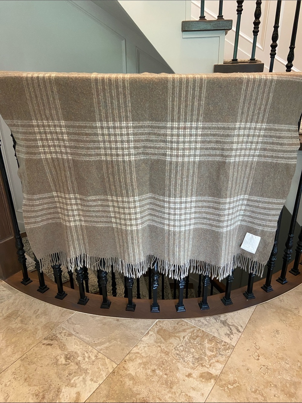Vintage 100% Lambswool Neutral Plaid Fringe Lap Throw. Made in Lithuania.